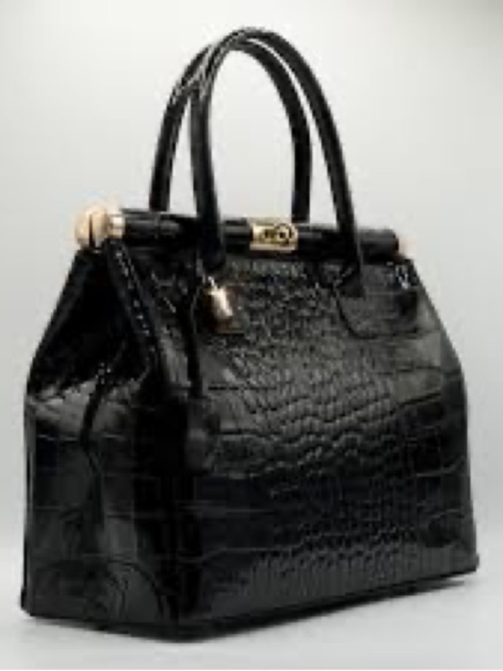 Black Croc-Embossed Top-Handle Satchel with Gold Hardware genuine leather - Picture 9 of 9